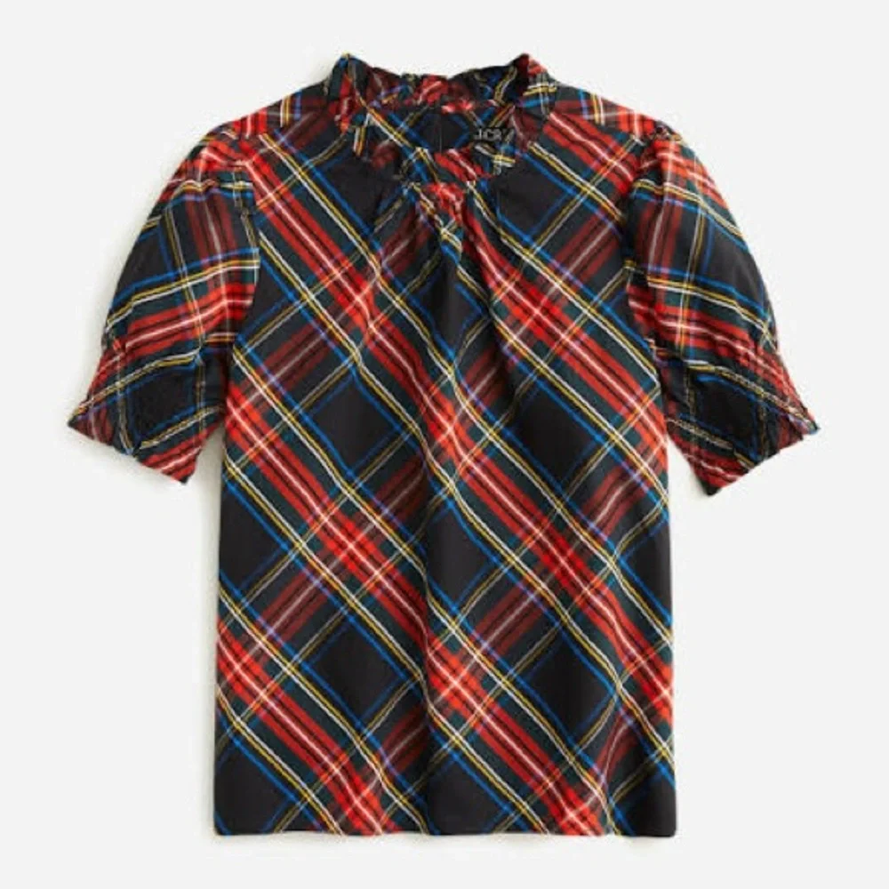 J. Crew Smocked Puff Sleeve Cotton Poplin Top Stewart Tartan Plaid Blouse Sz XXL